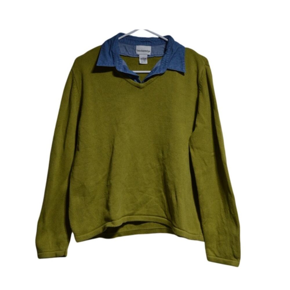 Breckenridge Woman's Green Sweater with Built in Denim Layered Look Size Large